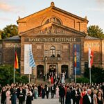 Festspielhaus Bayreuth am Abend: Besucher in Festkleidung vor dem beleuchteten Giebel zum 150-jährigen Jubiläum der Bayreuther Festspiele