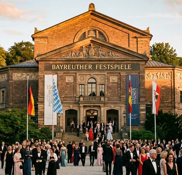 Festspielhaus Bayreuth am Abend: Besucher in Festkleidung vor dem beleuchteten Giebel zum 150-jährigen Jubiläum der Bayreuther Festspiele