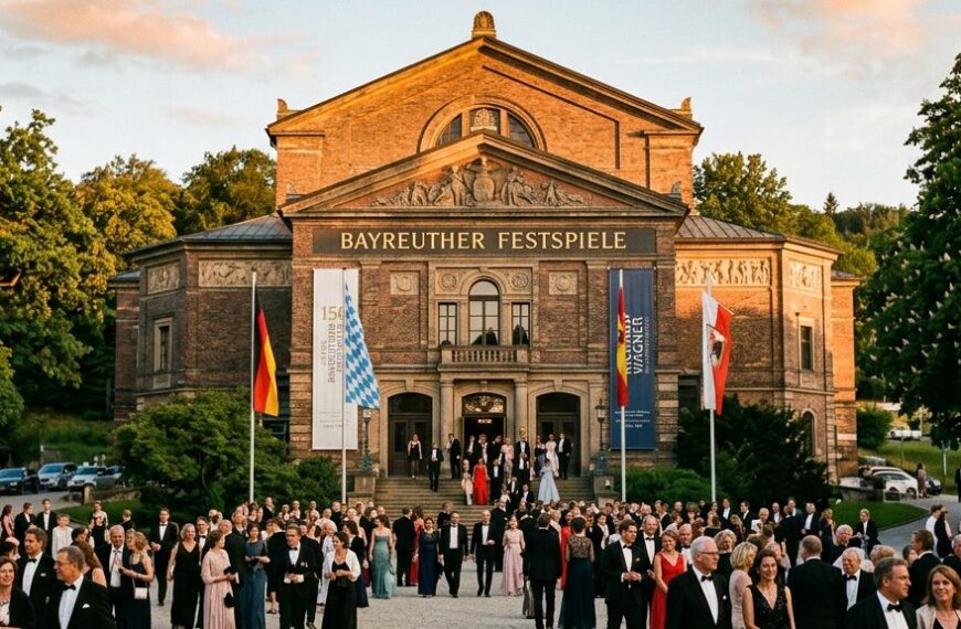 Festspielhaus Bayreuth am Abend: Besucher in Festkleidung vor dem beleuchteten Giebel zum 150-jährigen Jubiläum der Bayreuther Festspiele