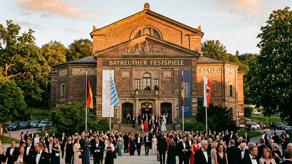 Festspielhaus Bayreuth am Abend: Besucher in Festkleidung vor dem beleuchteten Giebel zum 150-jährigen Jubiläum der Bayreuther Festspiele