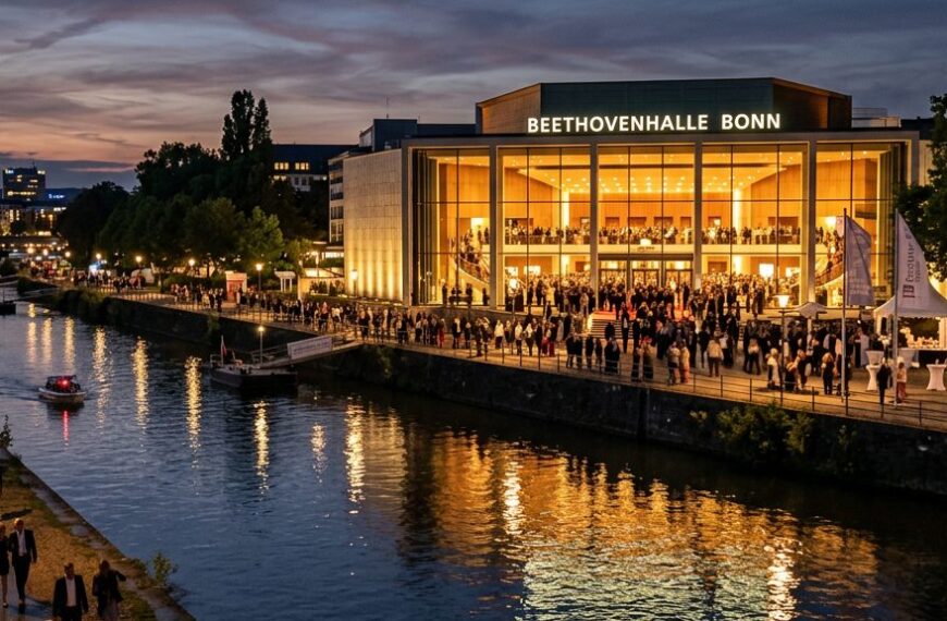 Beethovenhalle in Bonn am Abend: erleuchtete Glasfassade des Konzerthauses, Festivalpublikum auf dem Weg zum Konzert