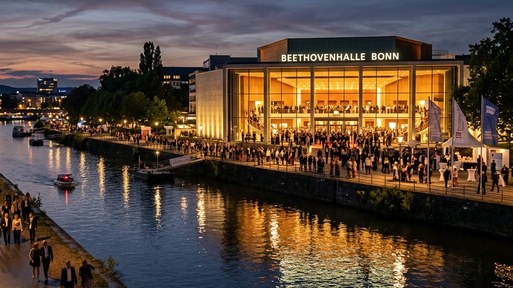 Beethovenhalle in Bonn am Abend: erleuchtete Glasfassade des Konzerthauses, Festivalpublikum auf dem Weg zum Konzert