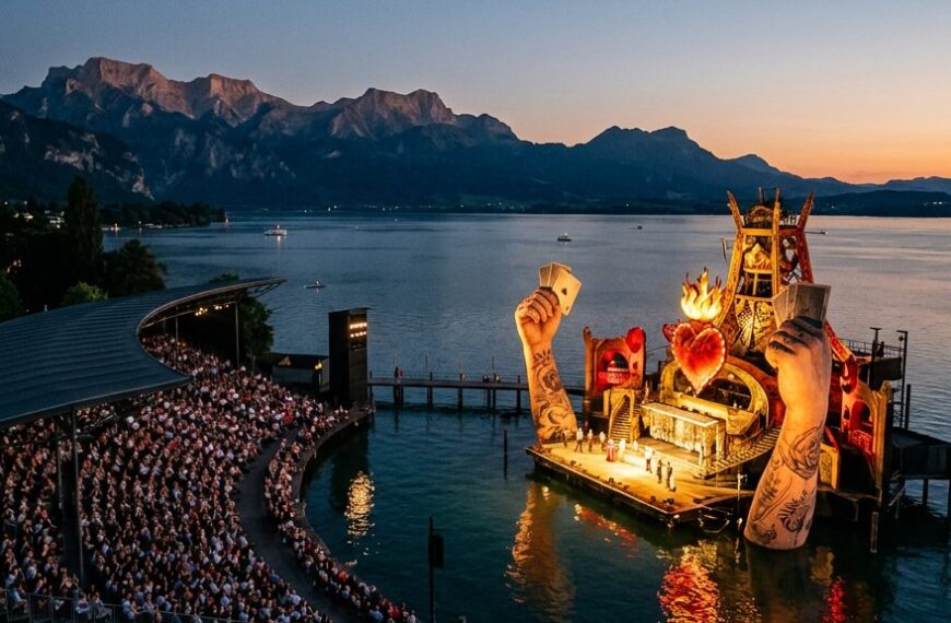 Die beleuchtete Seebühne der Bregenzer Festspiele am Bodensee in der Abenddämmerung