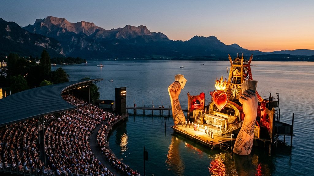 Die beleuchtete Seebühne der Bregenzer Festspiele am Bodensee in der Abenddämmerung
