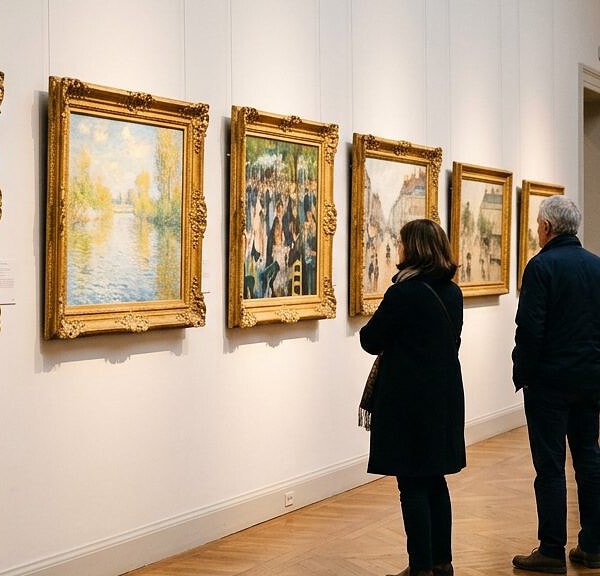 Museumsgalerie mit impressionistischen Gemälden in goldenen Rahmen, Besucher betrachten die Kunstwerke – Sonderpräsentation Carl Piepho im Museum Georg Schäfer