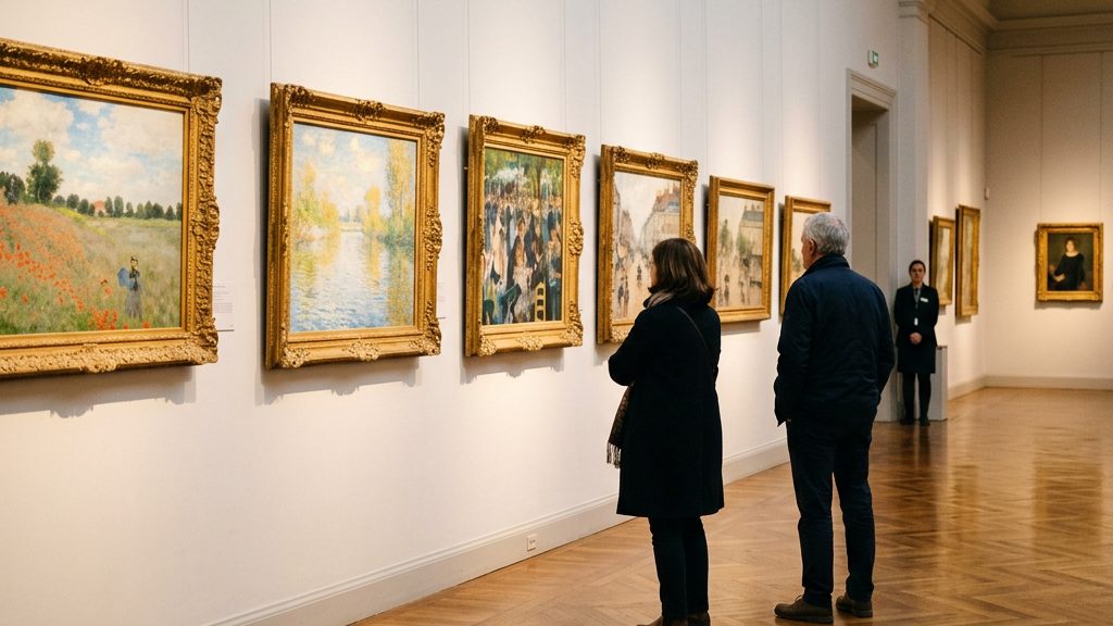 Museumsgalerie mit impressionistischen Gemälden in goldenen Rahmen, Besucher betrachten die Kunstwerke – Sonderpräsentation Carl Piepho im Museum Georg Schäfer