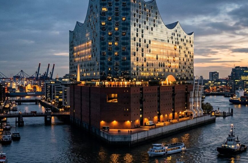 Die Elbphilharmonie in Hamburg bei Abenddämmerung, vom Hafen aus gesehen