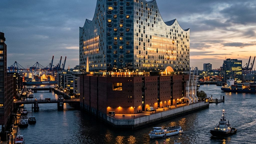 Die Elbphilharmonie in Hamburg bei Abenddämmerung, vom Hafen aus gesehen