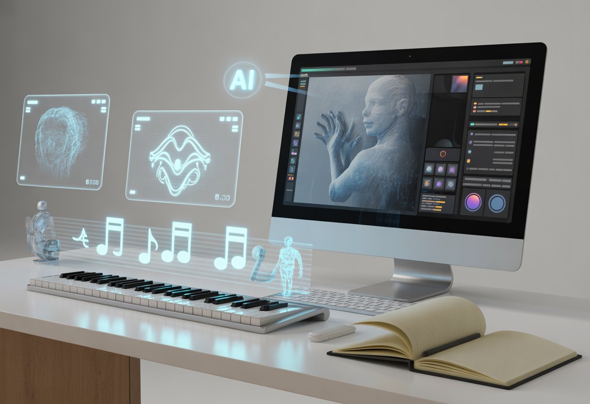 Ein moderner Arbeitsplatz mit Computerbildschirm, auf dem digitale Kunst entsteht, schwebenden Musiknoten über einer Tastatur und einem offenen Notizbuch mit Text.