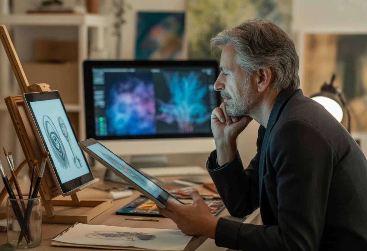 Ein nachdenklicher Künstler in einem Atelier, umgeben von traditionellen Kunstmaterialien und einem digitalen Bildschirm mit KI-generierter Kunst.