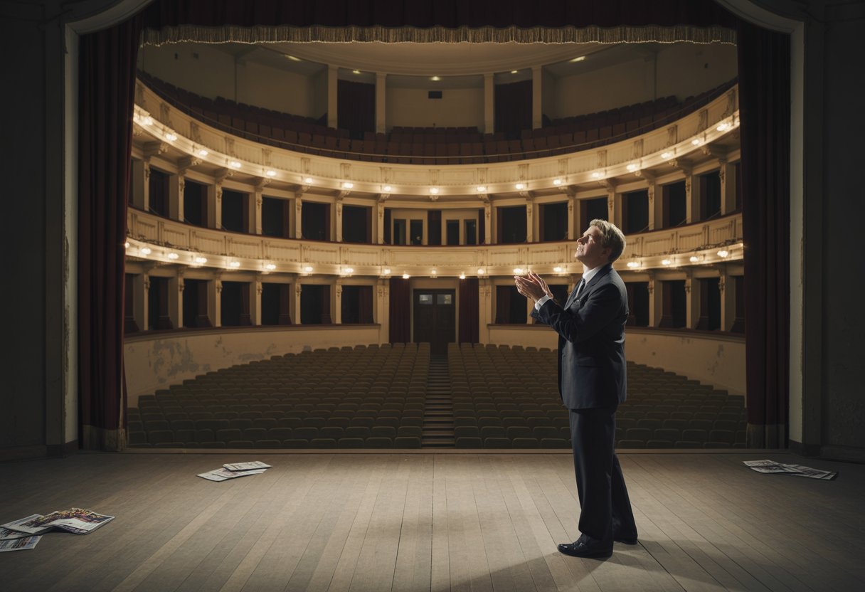 Eine leere Theaterbühne mit einem einzelnen Menschen, der langsam applaudiert, umgeben von verblasster und vernachlässigter Theaterumgebung.