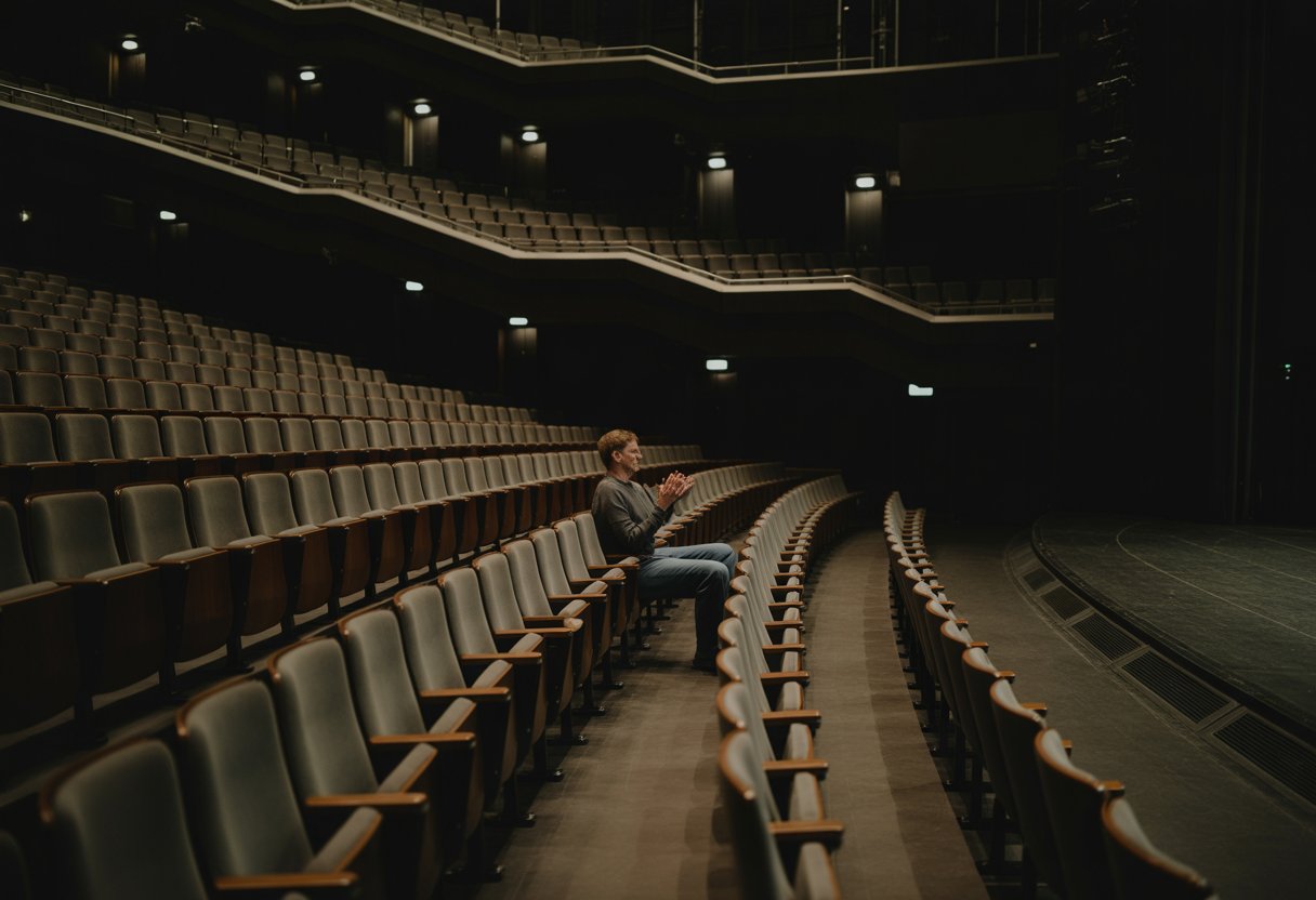 Ein fast leerer Theaterraum mit einer einzelnen Person, die langsam applaudiert, während die Bühne dunkel und verlassen ist.