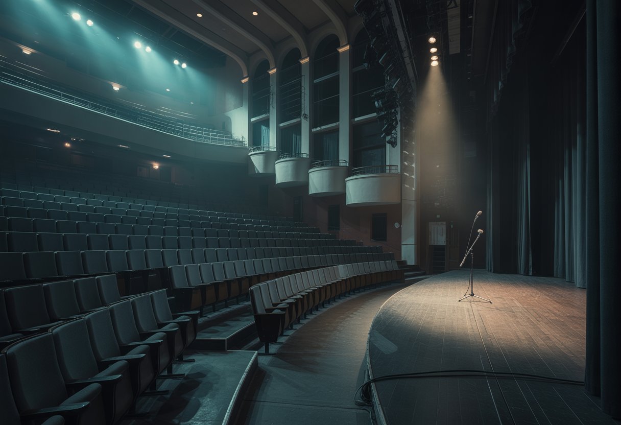 Leerer Theaterraum mit Reihen von Sitzplätzen und einem beleuchteten, verlassenen Bühnenbereich.
