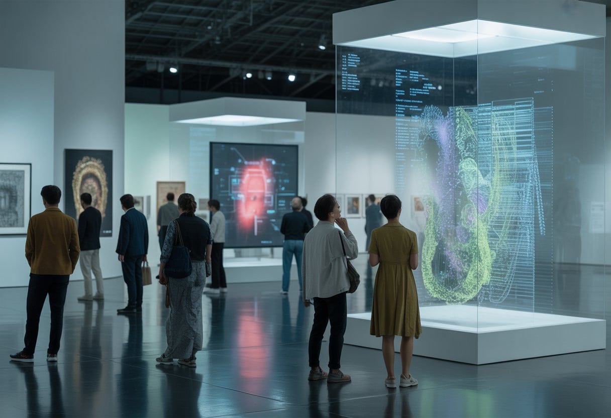 Besucher in einer modernen Galerie betrachten digitale und traditionelle Kunstwerke bei einer Ausstellung.