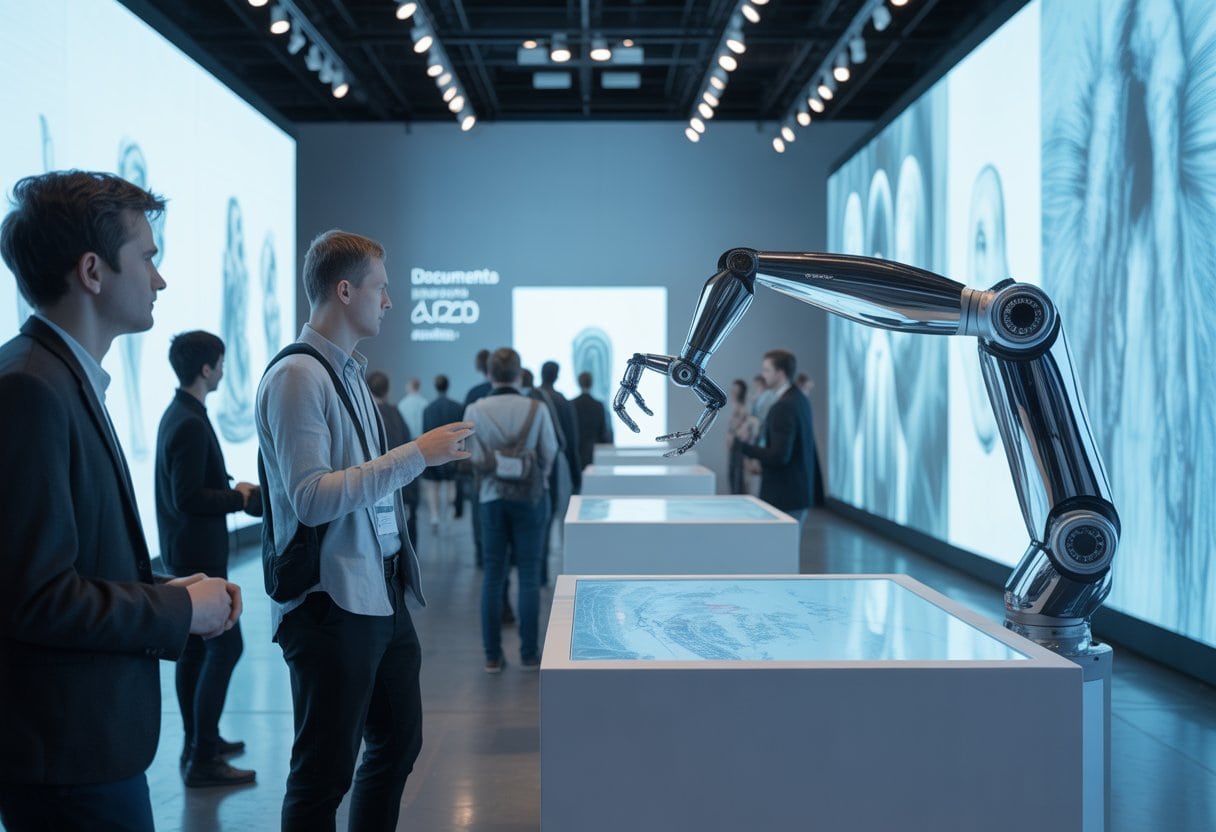 Besucher in einer modernen Kunstgalerie betrachten digitale Kunstwerke und eine futuristische KI-Maschine, die Kunst präsentiert.