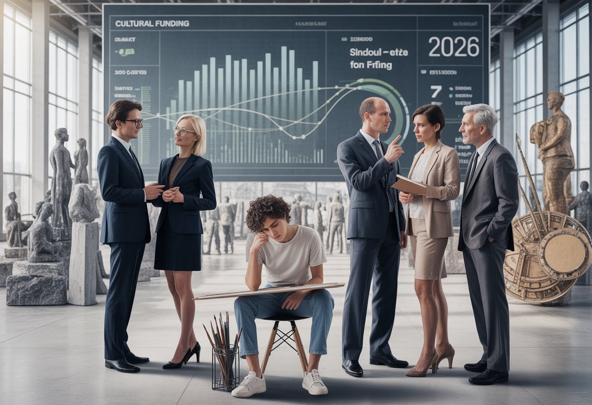 Eine Gruppe von Personen in einem modernen Büro, darunter offizielle Vertreter und ein junger Künstler mit Malutensilien, vor einem Bildschirm mit abstrakten Diagrammen.