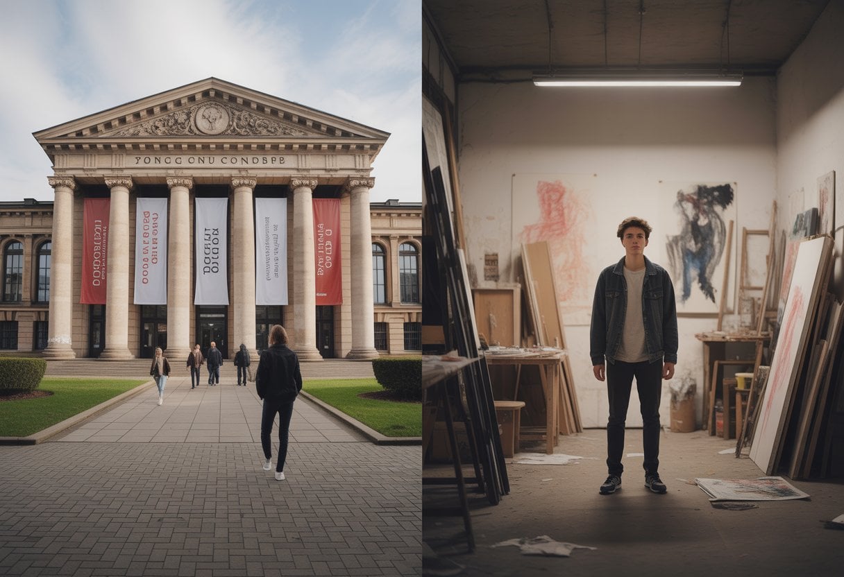 Ein großes modernes Kulturgebäude auf der einen Seite und ein junger Künstler in einem kleinen Atelier auf der anderen Seite, der nachdenklich aussieht.