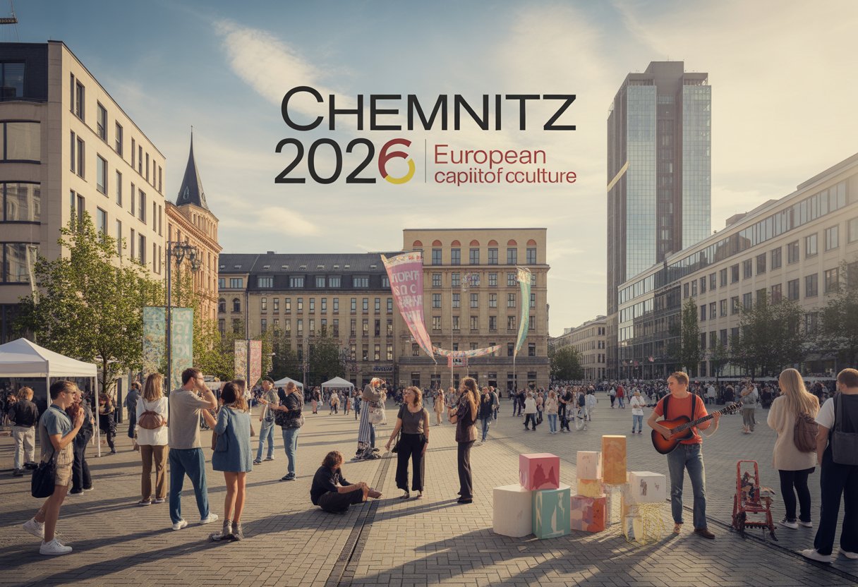 Blick auf einen belebten öffentlichen Platz in Chemnitz mit Menschen, die kulturelle Aktivitäten genießen, umgeben von moderner und historischer Architektur.