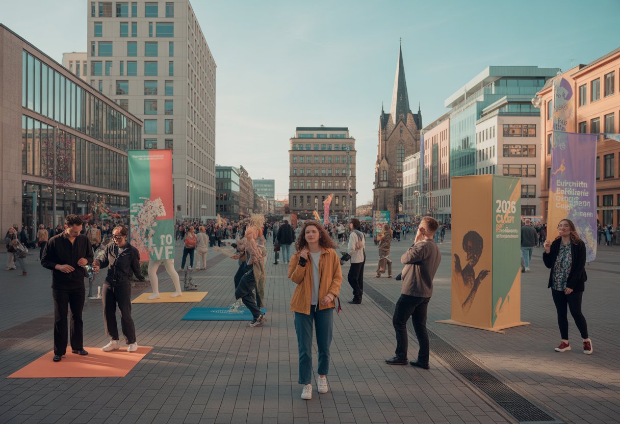 Menschen versammeln sich auf einem belebten Platz in Chemnitz mit modernen und historischen Gebäuden im Hintergrund, sie nehmen an kulturellen Aktivitäten teil.