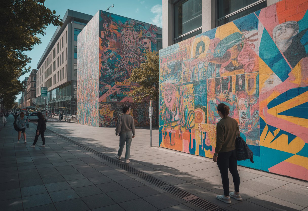 Straßenszene in einer deutschen Stadt mit bunten Wandgemälden und Menschen, die die Kunst betrachten.