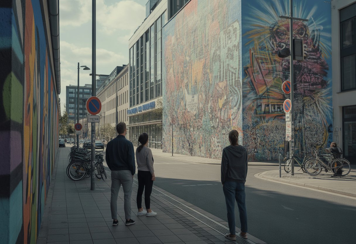 Menschen betrachten bunte Wandmalereien an einer Hauswand in einer deutschen Stadt im Jahr 2026.