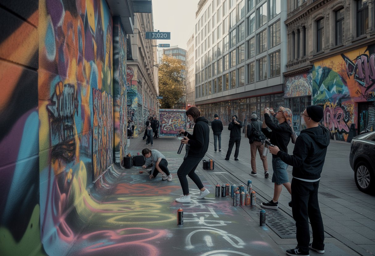 Straßenszene in Deutschland mit bunten Wandmalereien und Künstlern, die Graffiti sprühen, umgeben von Passanten und Gebäuden.