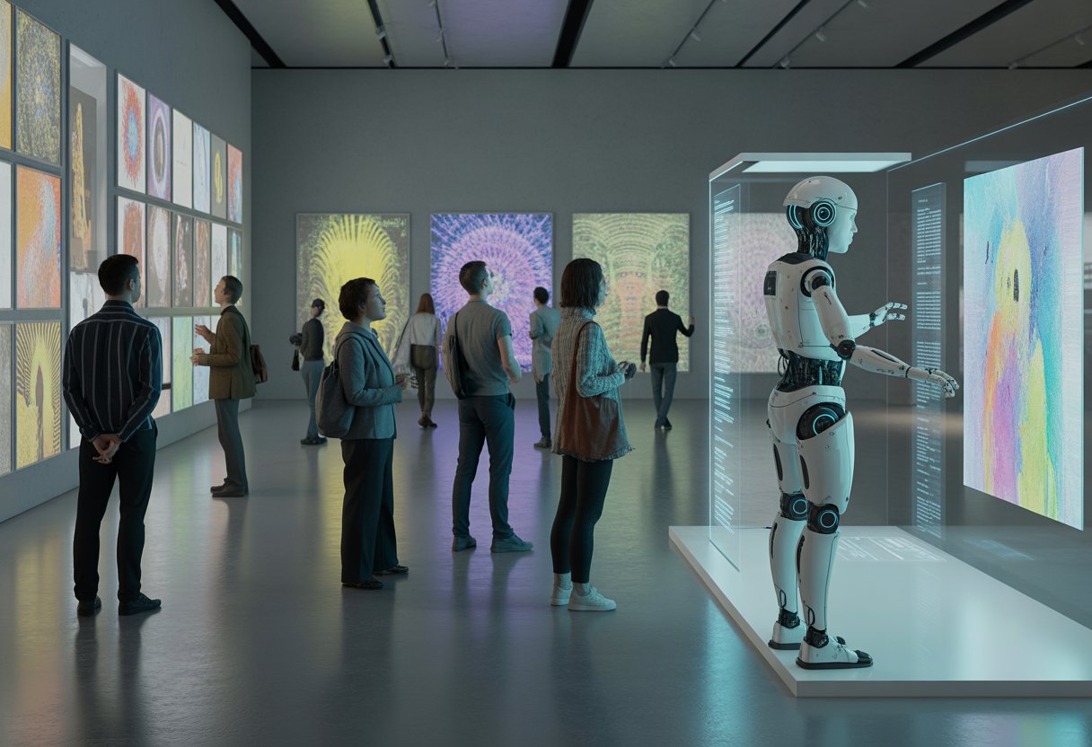 Besucher betrachten digitale Kunstwerke in einer modernen Galerie mit einem humanoiden Roboter, der die Ausstellung präsentiert.