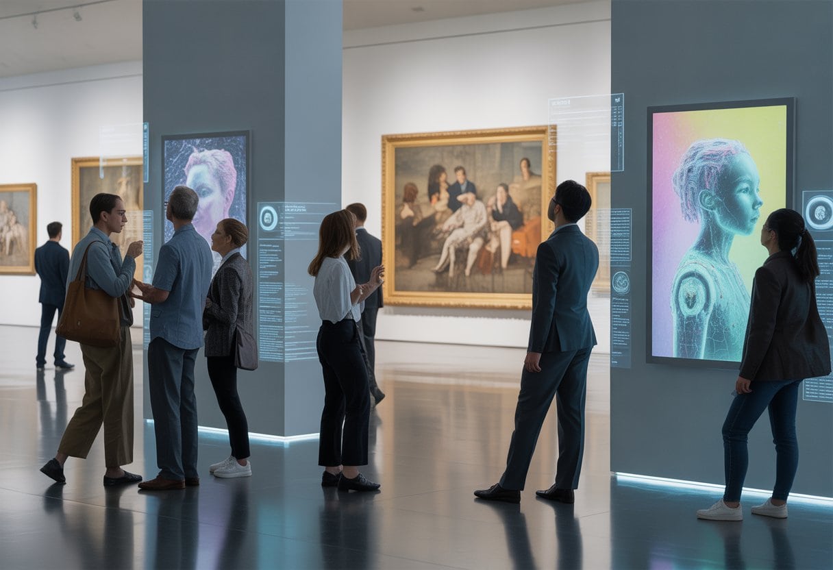Menschen betrachten Kunstwerke in einer modernen Galerie mit traditionellen Gemälden und digitalen Bildschirmen.