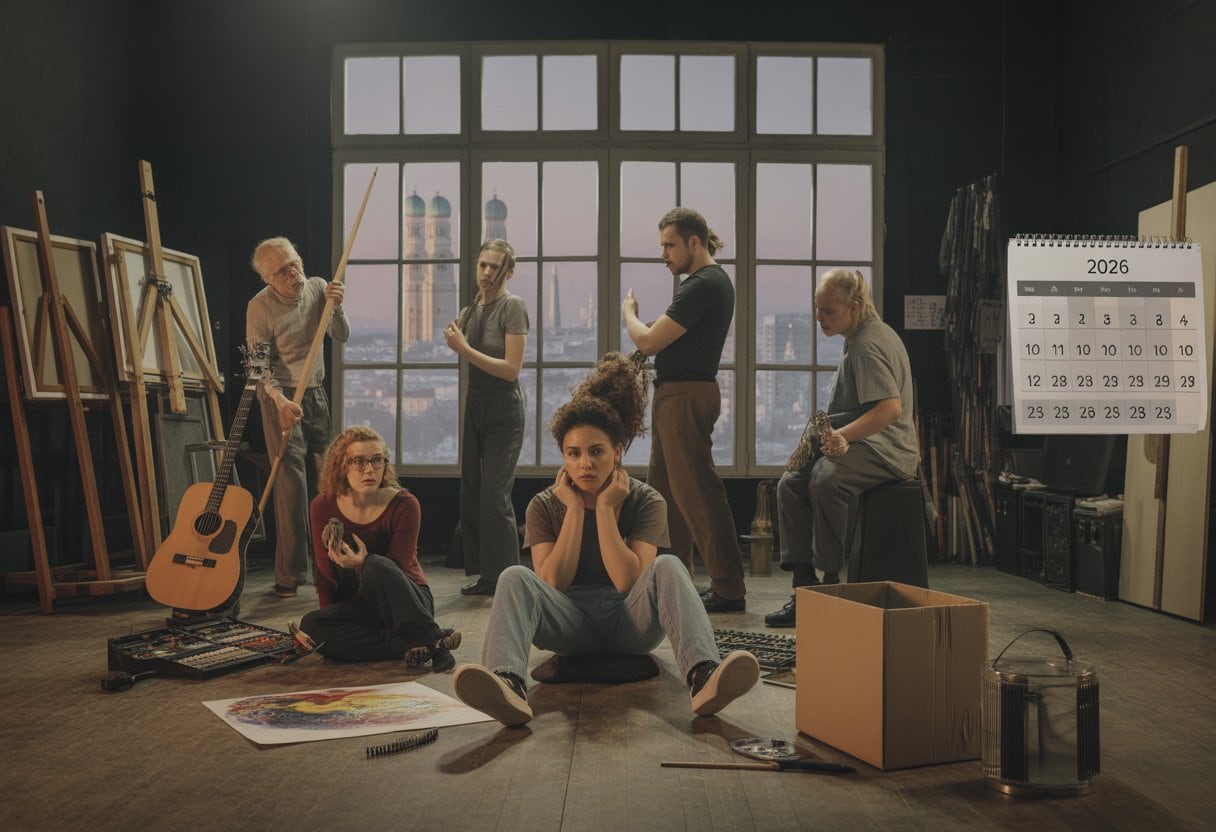 Eine Gruppe besorgter Künstler in einem kleinen Theaterraum mit Musikinstrumenten und Malutensilien, im Hintergrund ist die Münchner Skyline zu sehen.