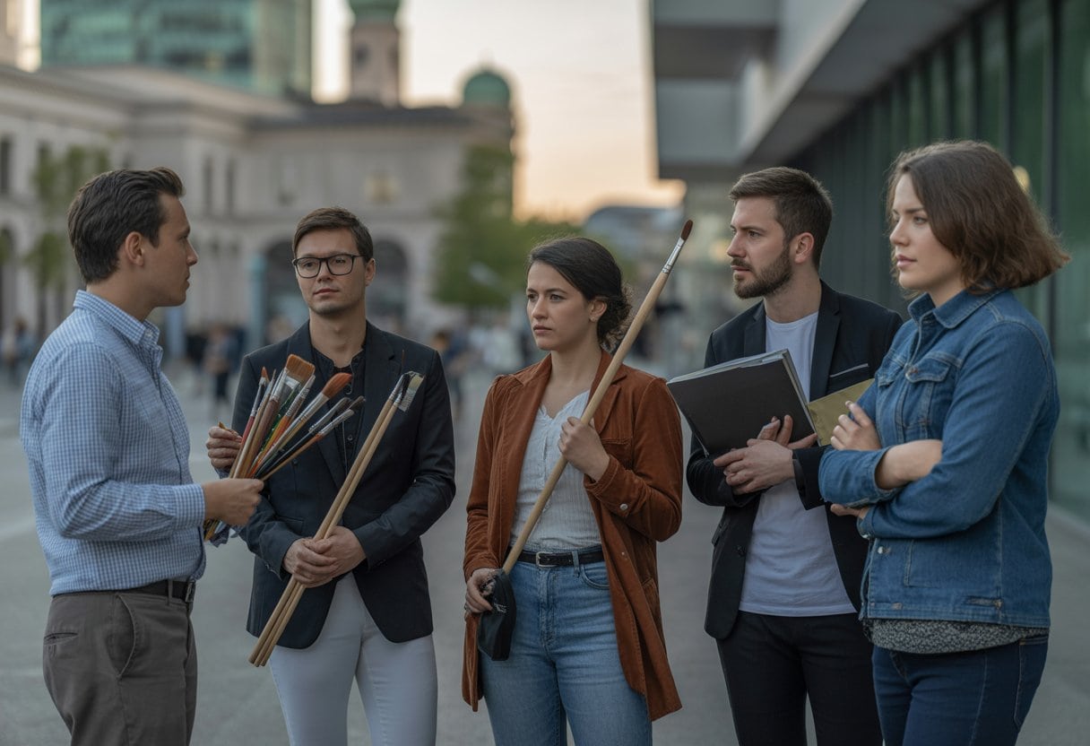 Eine Gruppe von Künstlern und Kulturschaffenden steht vor einem modernen Gebäude in München und diskutiert besorgt.