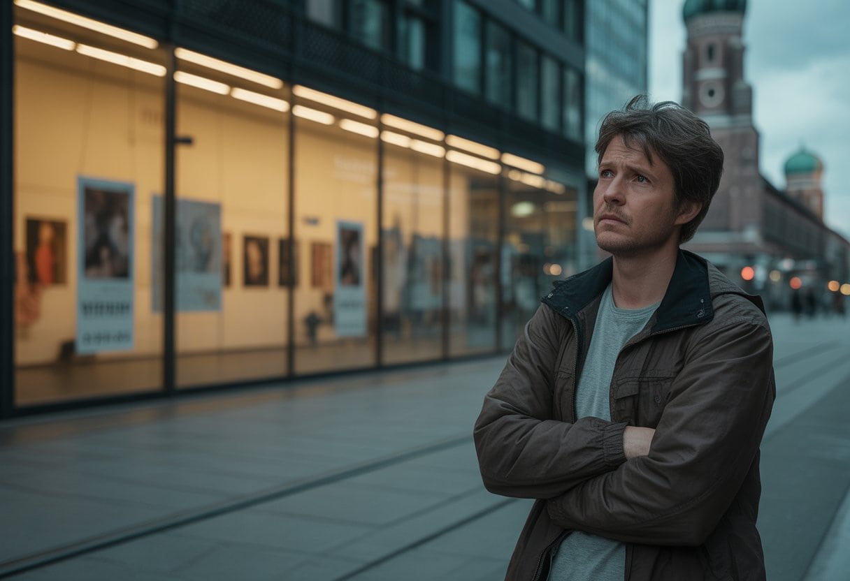 Ein besorgter Künstler steht vor einem geschlossenen Theater in München, das leer und dunkel wirkt.