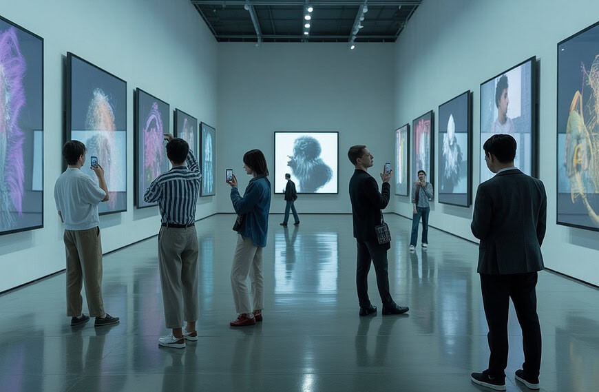 Besucher in einer modernen Kunstgalerie betrachten digitale Kunstwerke auf großen Bildschirmen, während Künstler im Hintergrund sprechen.