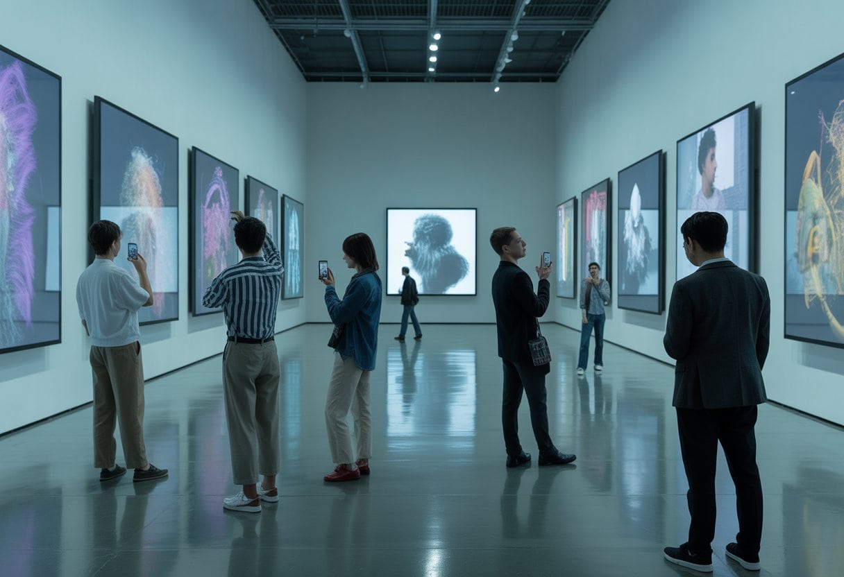 Besucher in einer modernen Kunstgalerie betrachten digitale Kunstwerke auf großen Bildschirmen, während Künstler im Hintergrund sprechen.
