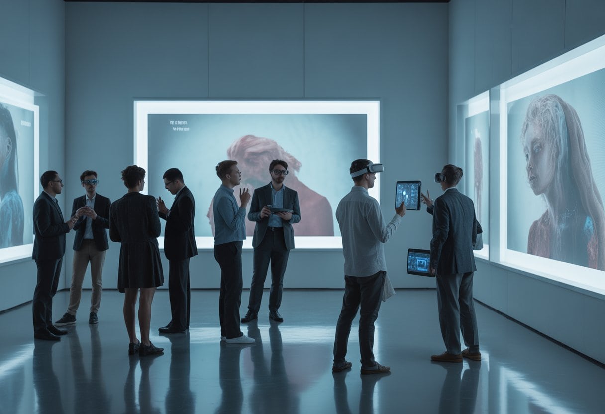 Eine moderne Kunstgalerie mit digitalen Kunstwerken und Menschen, die die Kunst betrachten und darüber sprechen.