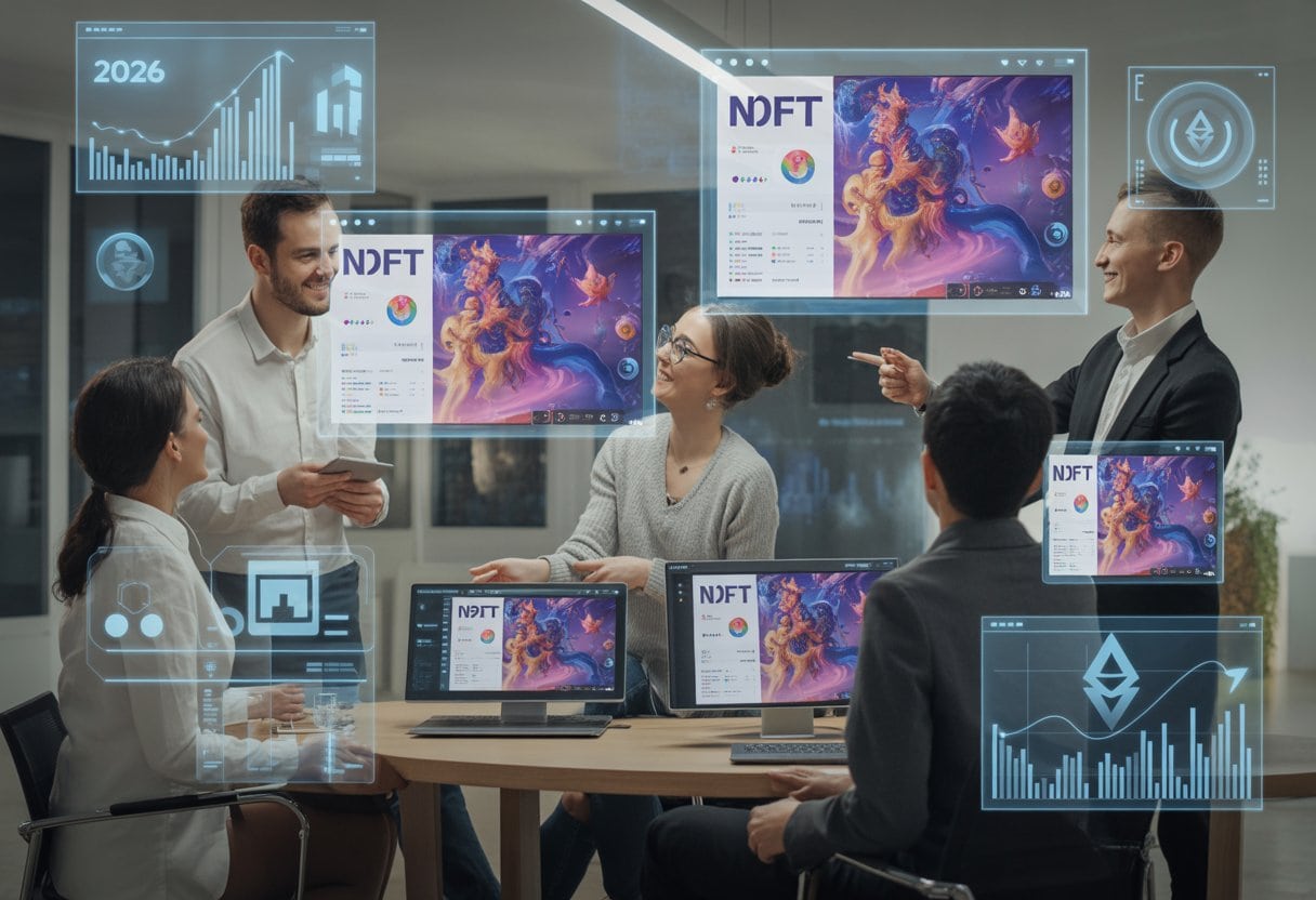 Mehrere Personen in einem modernen Büro betrachten digitale Kunstwerke auf Bildschirmen und diskutieren über finanzielle Erfolge.