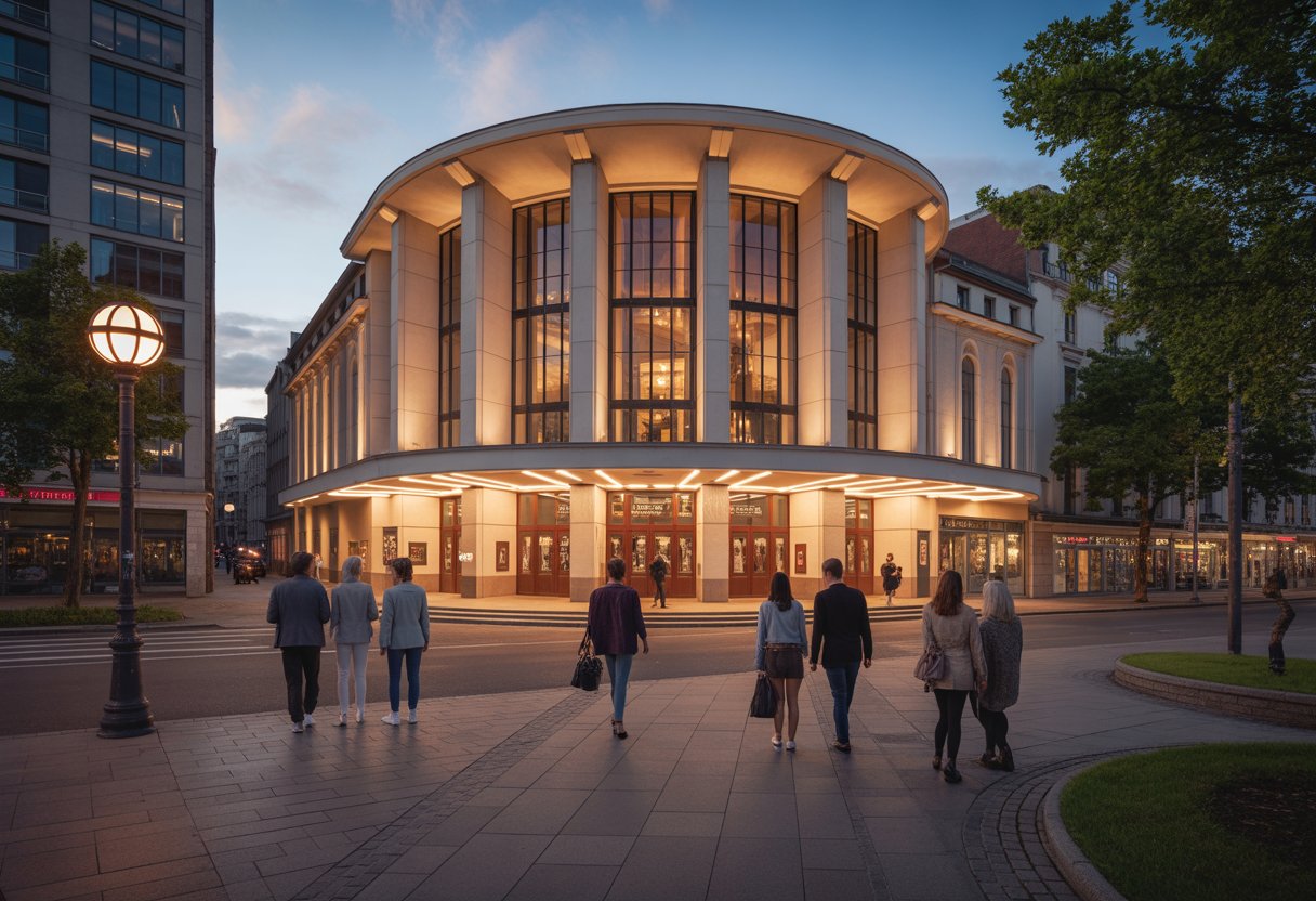 Ein modernes Stadttheater bei Dämmerung mit Menschen, die ein- und ausgehen, umgeben von städtischer Umgebung.