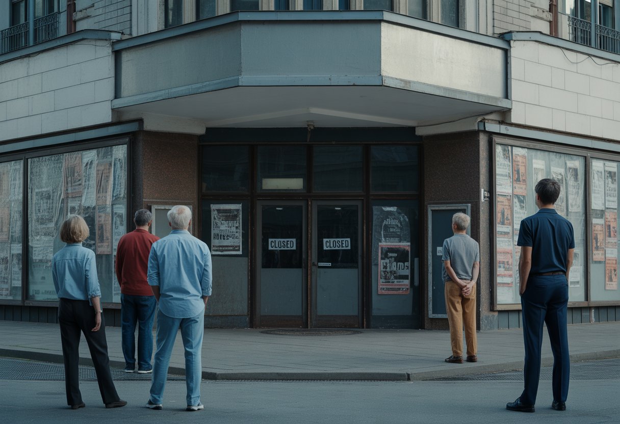 Geschlossene Theatergebäude mit Menschen, die traurig davor stehen.
