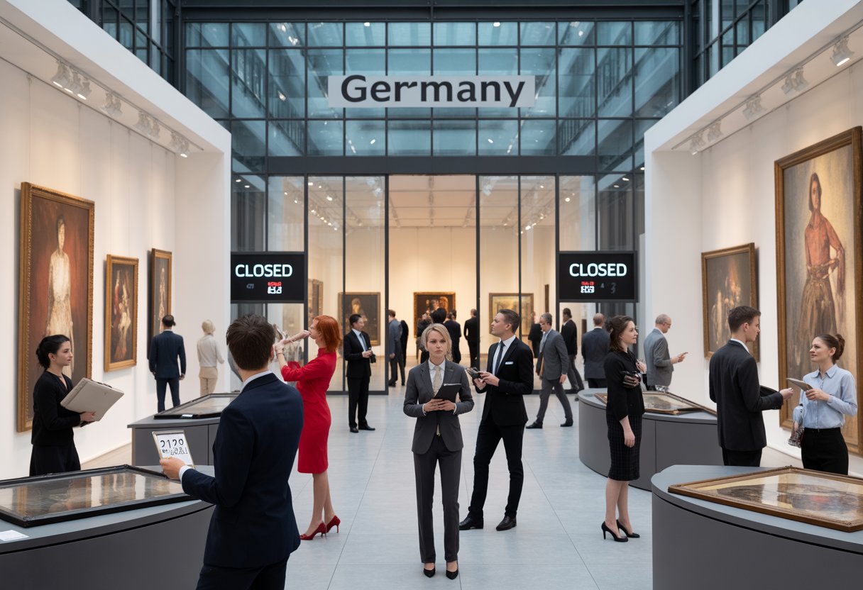 Innenansicht eines belebten Auktionshauses mit Kunstwerken und Menschen, im Hintergrund eine geschlossene Kunstgalerie mit dunkler Beleuchtung.