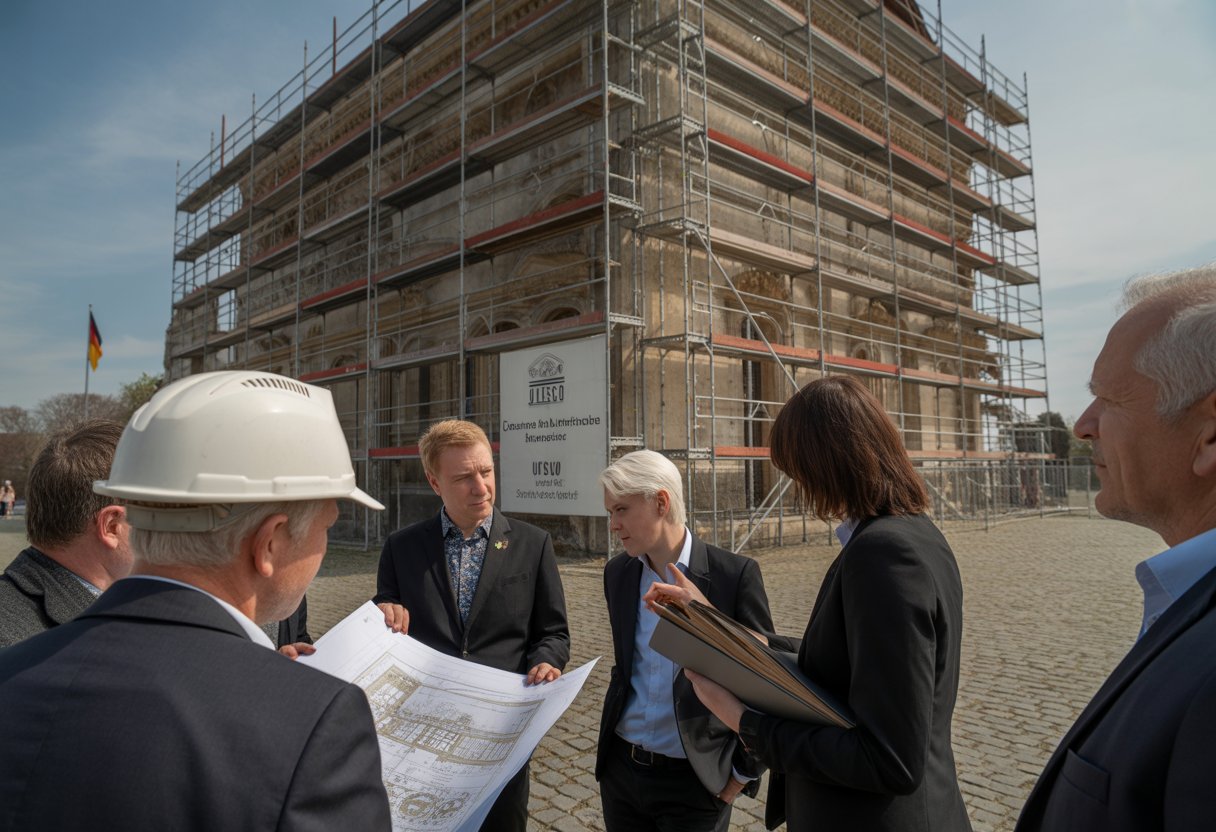 Eine Gruppe von Menschen diskutiert vor einem historischen Gebäude, das teilweise restauriert wird, unter blauem Himmel.