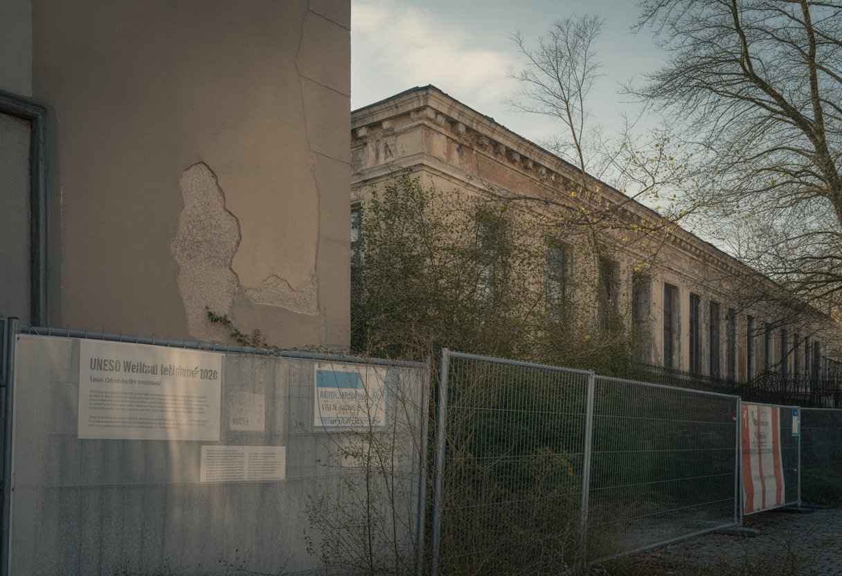 Ein altes historisches Gebäude mit sichtbaren Schäden und überwucherter Vegetation, das vernachlässigt wirkt.