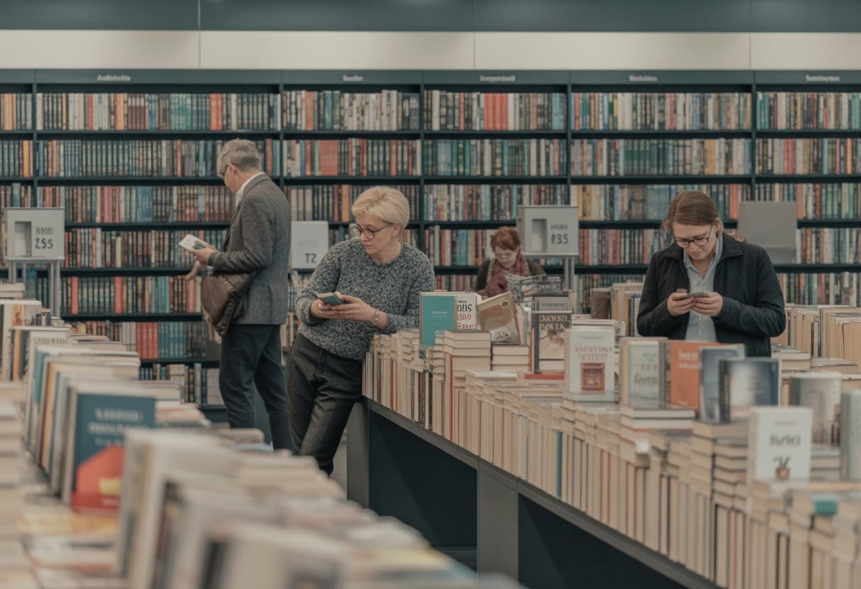 Innenansicht einer modernen Buchhandlung mit wenigen jungen Lesern und mehreren älteren Erwachsenen, die Bücher anschauen.