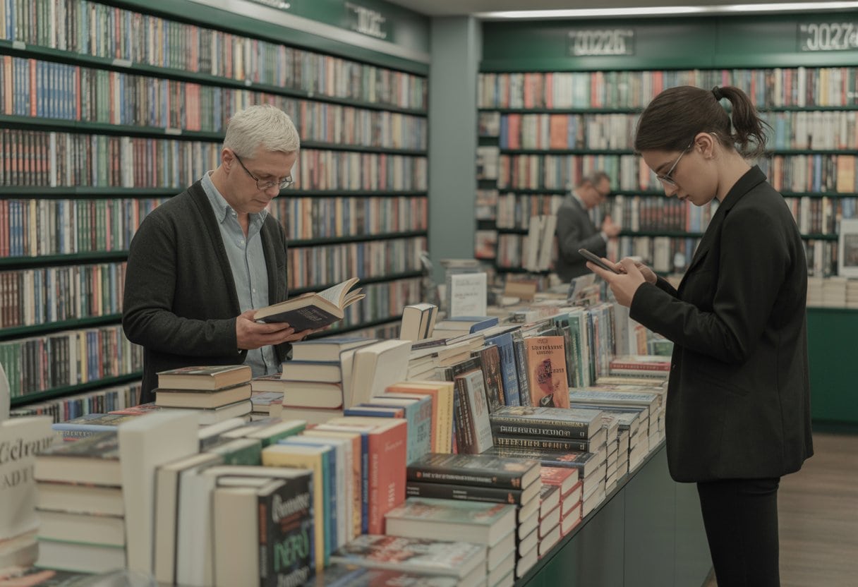 Ein modernes Buchgeschäft mit vollen Regalen, einem lesenden Erwachsenen und einem jungen Menschen, der auf ein Smartphone schaut.