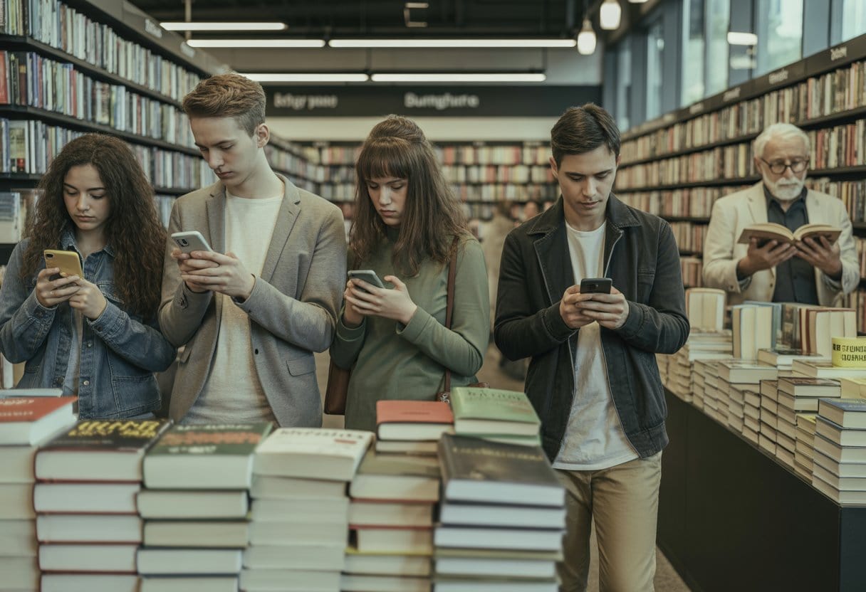 Leere Bücherregale in einer Buchhandlung mit jungen Menschen, die auf ihre Smartphones schauen, während eine ältere Person im Hintergrund ein Buch hält.
