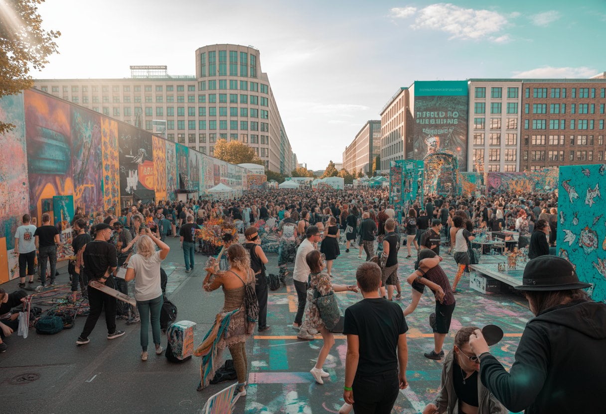 Menschen bei einem lebendigen Kunstfestival im Freien in Berlin-Neukölln, umgeben von Straßenkunst und bunten Installationen.