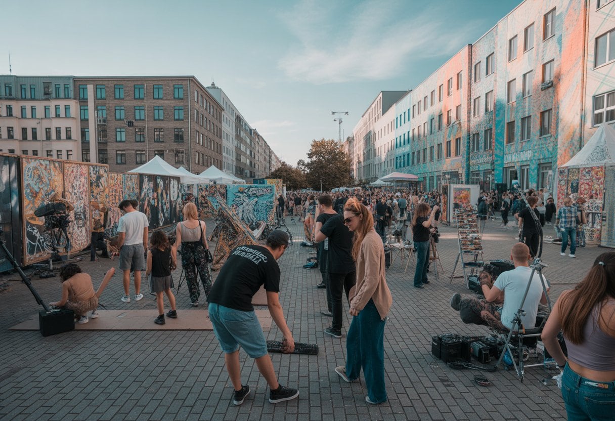 Menschen besuchen ein lebhaftes Kunstfestival in einer Straße in Neukölln mit bunten Wandgemälden und Kunstständen.