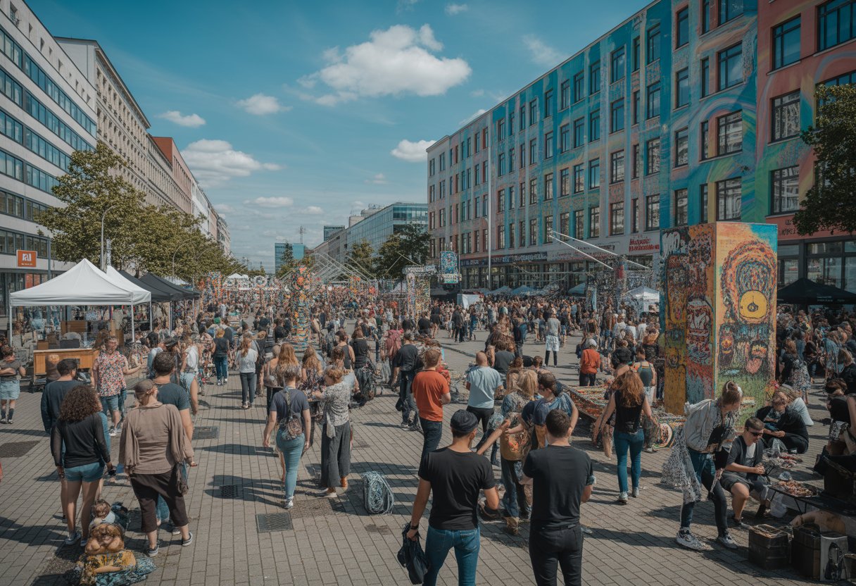 Menschen genießen ein lebendiges Straßenkunstfestival in Berlin-Neukölln mit bunten Wandgemälden und Kunstinstallationen.