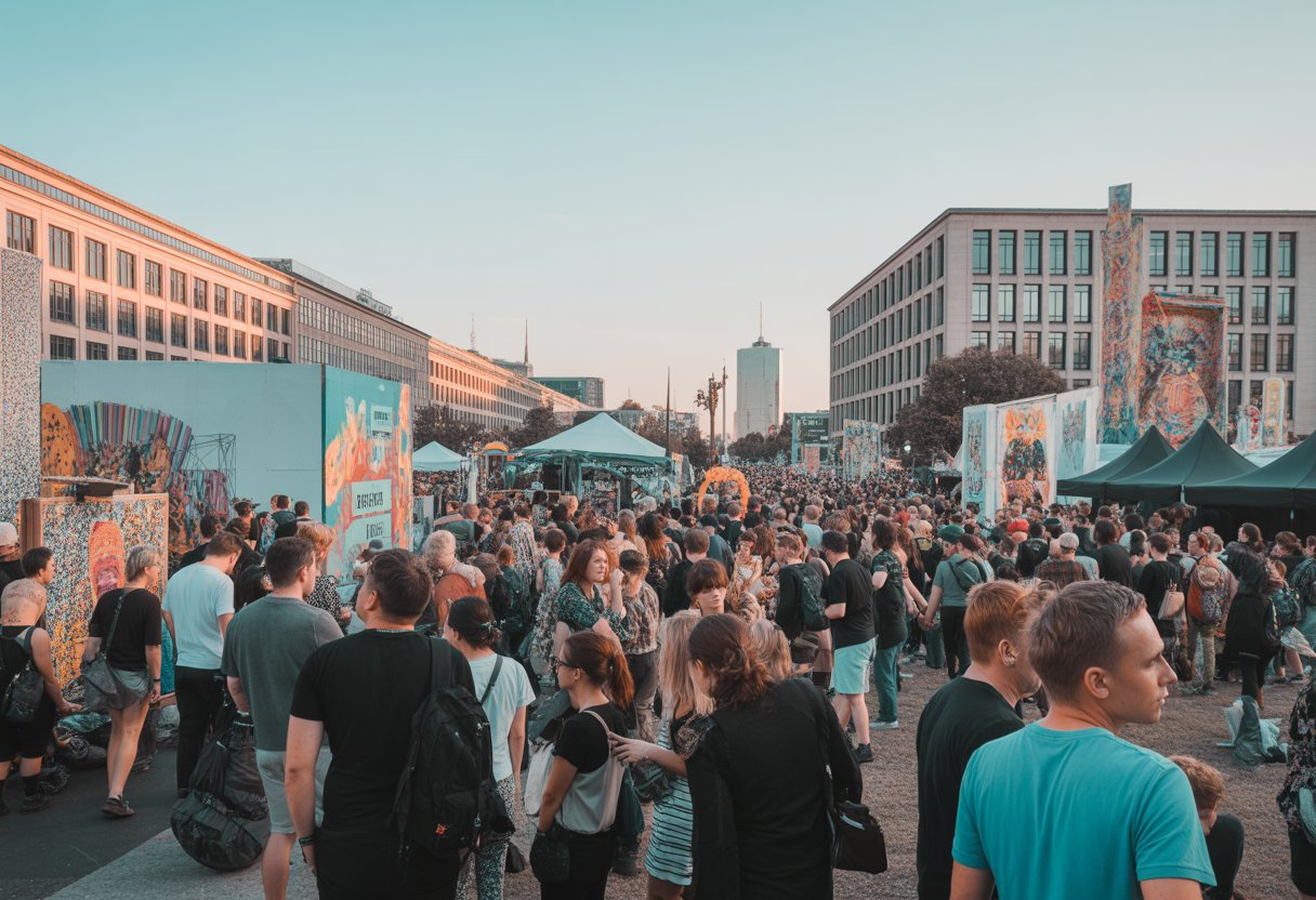 Menschen genießen ein lebhaftes Kunstfestival im Freien in Berlin mit verschiedenen Kunstinstallationen und urbaner Umgebung.