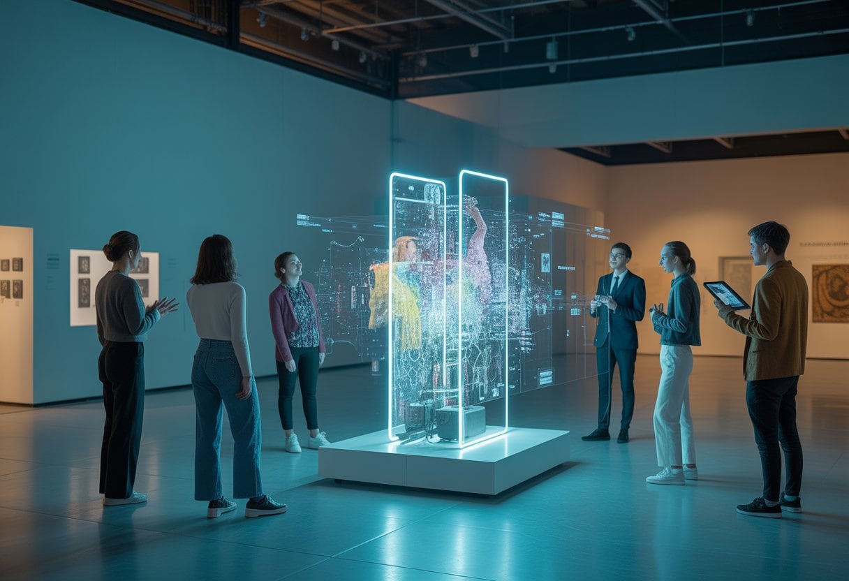 Menschen erkunden gemeinsam eine interaktive KI-Installation in einem modernen Museum oder Theater.