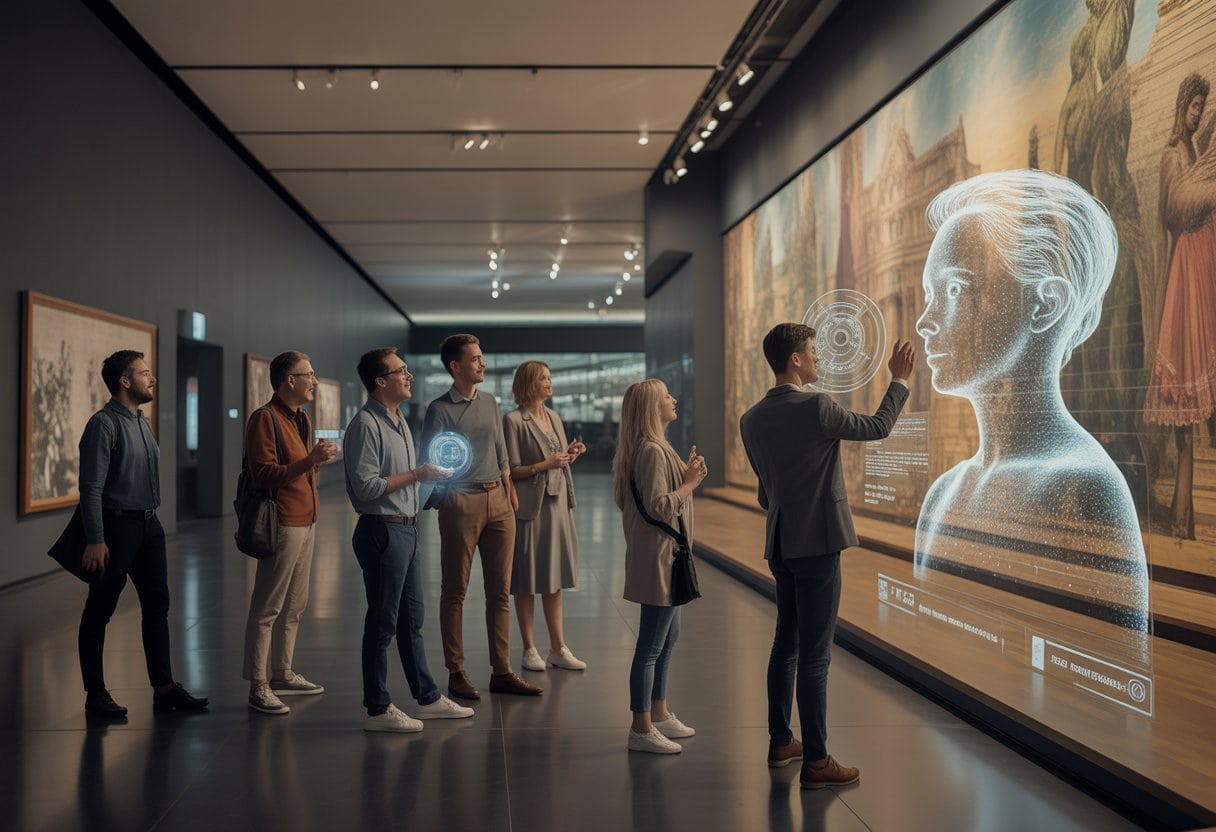 Besucher erkunden interaktive digitale Kunst in einem modernen Museum neben einem Theaterfoyer.
