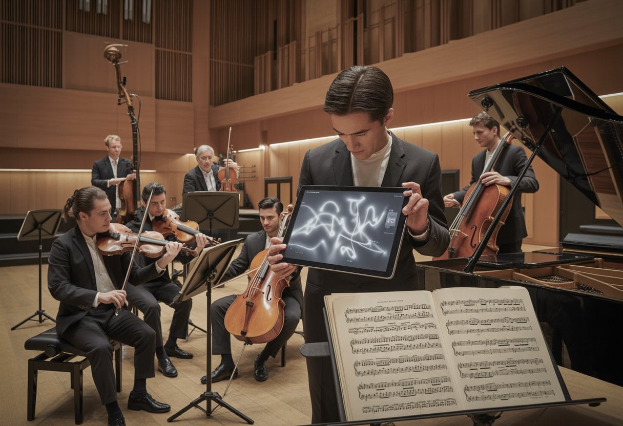 Ein klassisches Musikensemble musiziert in einem Konzertsaal mit gedruckten Noten und einem digitalen Tablet.